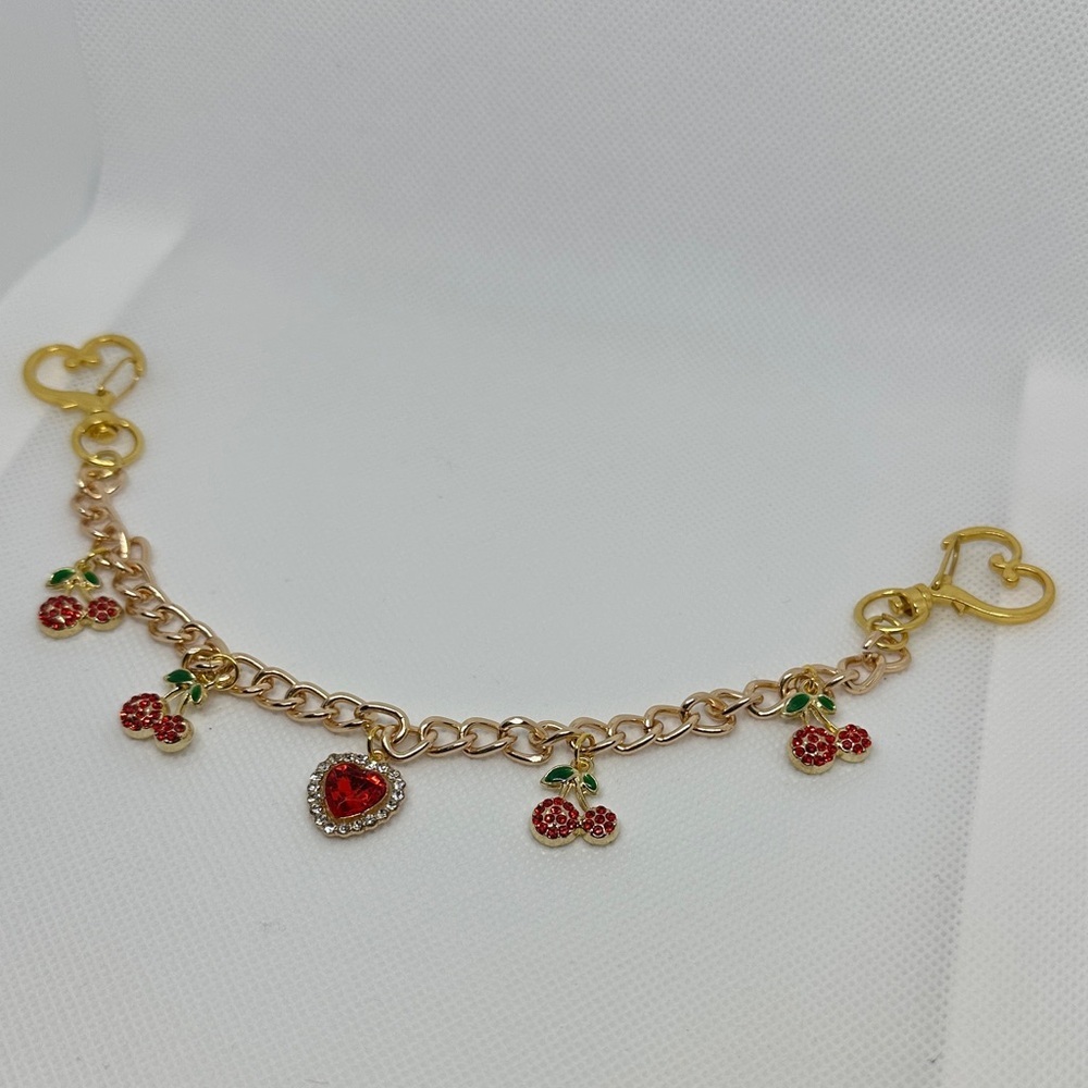 Bag Charm Gold tone Chain Red Cherries With Green Accents leaf 🍃 - Picture 4 of 4